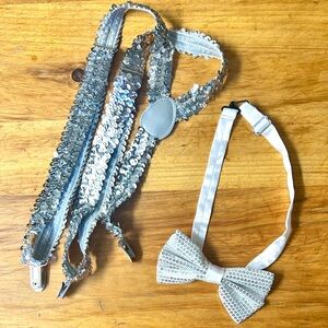 Silver Sequin Suspenders and Bow Tie Set